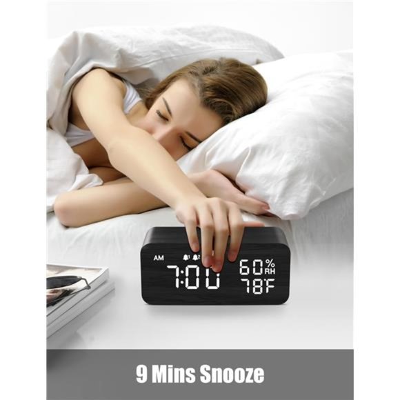 Wooden Digital Alarm Clock with Wireless Charging, Dimmable, Adjustable Volume - Picture 3 of 7